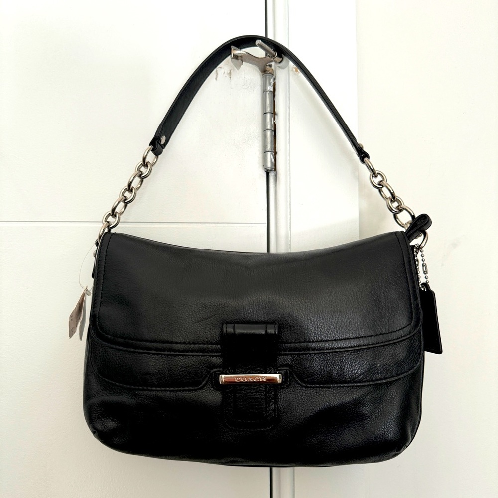 Coach Madison flap leather bag in black. NWT